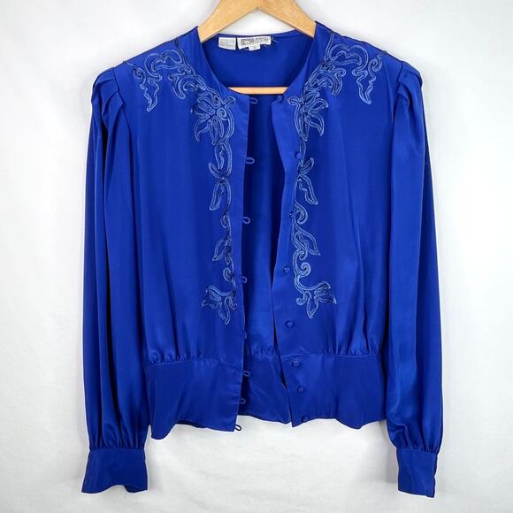 Vintage Anne Klein Royal Blue Embroidered Blouse 6 - Picture 2 of 7